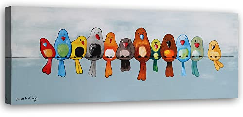 Feeby Bild auf Vlies Leinwand Abstraktion Bunte Vögel Draht 120x40 cm Kunstdruck Modern Wandbilder Deko Flur Wohnzimmer Gemälde Leitung Bewölkter Himmel mehrfarbig