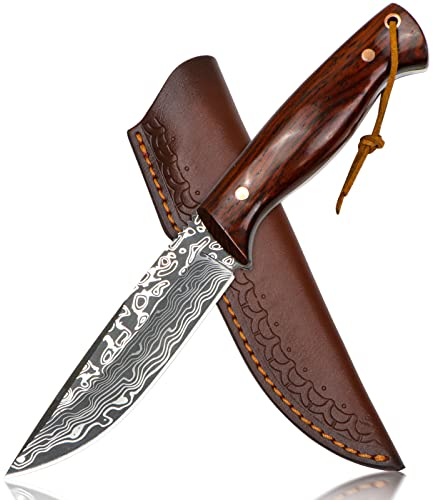 Goodchef Jagdmesser, Scharfer D2 Damastmuster Überlebensmesser mit Exquisite Ledertasche, Feststehende Klinge Survival Messer Ergonomie Palisandergriff für Outdoor Camping