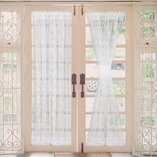 Moslovstar 2 Stück floraler französischer Türvorhang, halbtransparente Sichtschutzvorhänge für Glastüren auf der Terrasse, Raffhalter enthalten, 138 x 102 cm, weiß