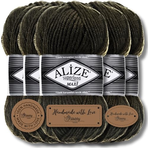 Alize 5 x 100g Superlana Maxi Türkische Premium Wolle Baumwolle und Acryl Uni Handstrickgarne, Yarn, Garn, Strickgarn, Einfarbig, Baby, zum Häkeln Stricken Kleidung Schals (Black Forest - 241)