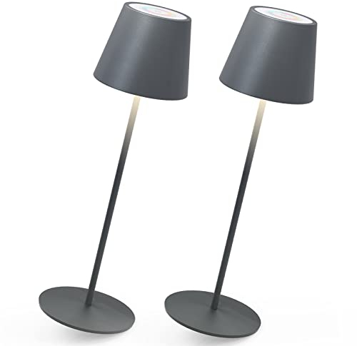 MALUX Tischlampe Kabellos, Dimmbar LED Akku Tischleuchte, Touch-Control Warme Lichtfarbe 3000K+RGB Metall Outdoor Tischlampe IP54 Wasserdicht für Restaurant, Camping, Balkon, Garten (Grau 2 Stück)