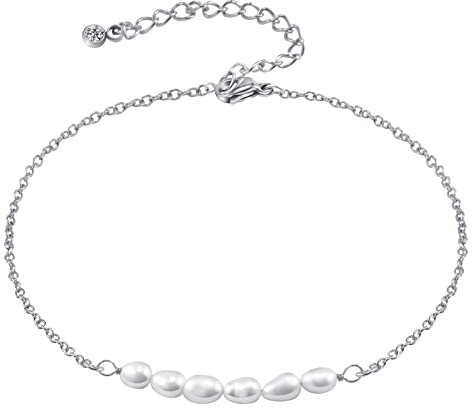 CheersLife Silver Pearl Women Anklet Stainless Steel Adjustable Anklet for Girls - Classic Chain Ankle Bracelets - 9 to 11 inch - Flexible Fit