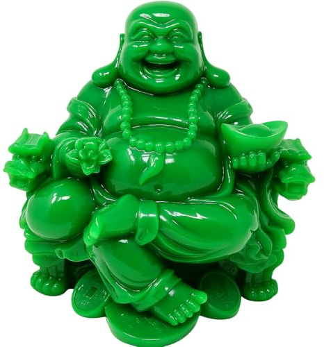 Laughing Buddha Statue Green Resin 20x18cm Feng Shui Prosperity Figurine Sitting Buddha Holding Gold Ingot and Wealth Bag Decorative Ornament for Home Office Meditation Shelf Spiritual Decor JR1458