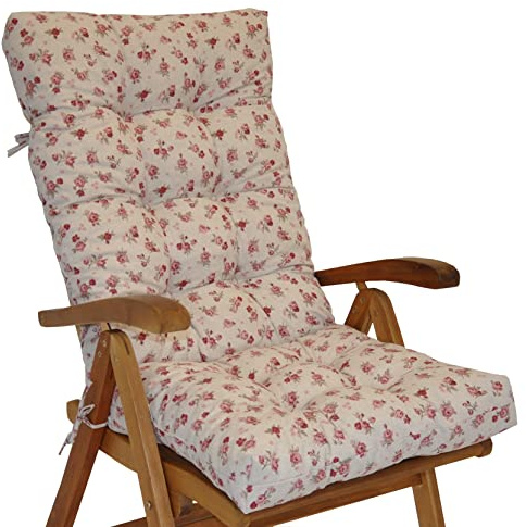 Rattani Polster für Gartenstuhl, Liegestuhl, Schaukelstuhl Sevila, Hochlehner Auflage, Gr. 125 x 55 cm, Mirha Leinen Rose
