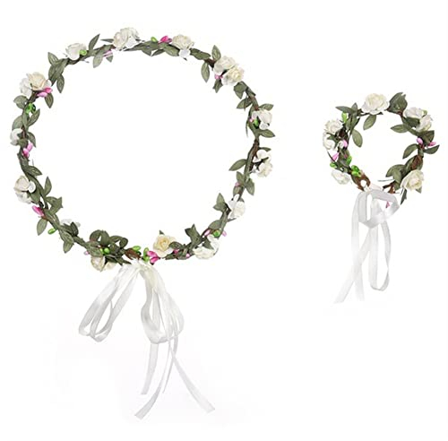 Flower Headband, Mariage Nuptiale Fleur Couronne/Bracelet Fleurs Ensemble avec Ruban pour Mariage Festival Partie Voyage Photo Props,Blanc
