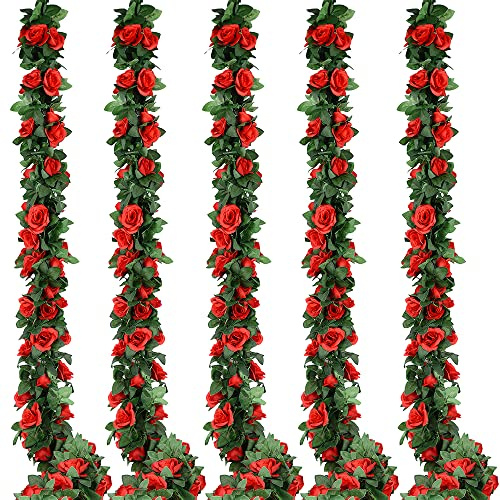 5pack Flower Garland Artificial Fake Rose Garland Vine Artificial Flowers for Decoration Floral Garlands Decor-Total 41 Ft (Red)