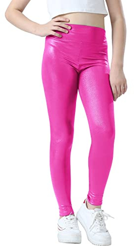 Jinhiteam Metallic Leggings for Girls 11-12 Years Old Pink Stretch Activewear Wide Waistband Tight Pants
