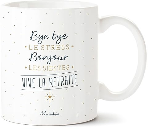 Manahia - Mug Retraite Bye bye le stress - Cadeau Nouveau Retraité Humour | Bonjour la sieste - Tasse départ retraite collègue travail - Anniversaire retraité - Boîte cadeau kraft - Imprimée en France