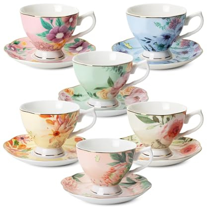 BTaT- Teetassen und Untertassen mit Blumenmuster, 6er-Set (237 ml), Porzellan-Teetassen, Pastellblumen-Design mit Goldrand, Muttertagsgeschenk