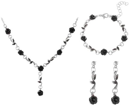 KBRPEY Femme Mariage Parure Ensemble de Bijoux des Roses Collier Bracelet Boucles D'Oreilles Pendantes Ajustable Vintage jewellery set Mariage Cadeau Anniversaire Femme (Noir)