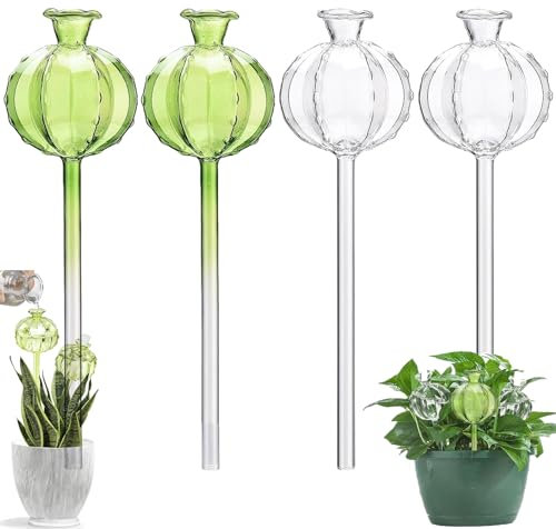 MKNZOME Plant Watering Globes Stakes, 4pcs Self Watering Colorful Glass Plant Watering Devices Automatic Watering Bulbs Vacation Plant Waterer for Outdoor Indoor Garden Plants
