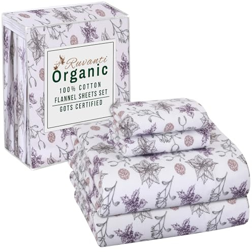RUVANTI Flannel Sheets Queen Size - GOTS Certified 100% Organic Cotton, 4 Piece Warm, Soft & Breathable Set, Deep Pocket Snug Fit, Double Brushed Cozy All Season Bedding, Fir Affection