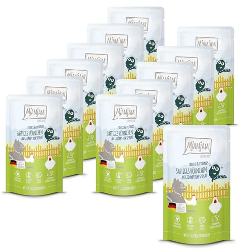 MjAMjAM - Premium Nourriture Humide pour Chats - Quetschie - Chicks & Friends Poulet juteux aux épinards Vapeur, Paquet de 12 (12 x 125g), sans céréales