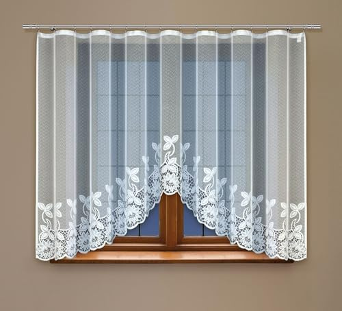Gardinen Vorhangen Weiß 300x130 cm (BxH) Portico Jacquard Kurz Bogen Vorhänge mit Kräuselband Blumen Muster Küchengardinen Wohnzimmer Gardinenschals Florale Motive