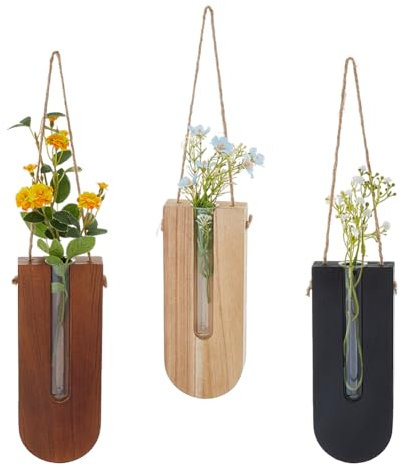 SUPERFINDINGS 3 Stück Hängepflanzgefäß Aus Holz Wandpflanzgefäß Zimmerpflanzenhalter Dekorative Kleine Hängevase Für Pflanzen Glaszylinder Topf Für Pflanzen Wanddekoration Vase