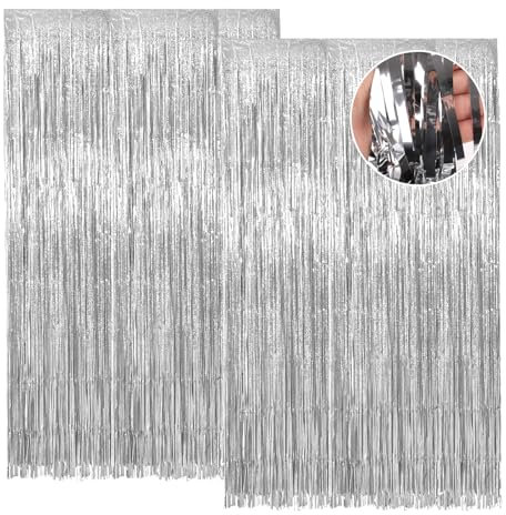 Vaktop 2 Stück Lametta Vorhang Silber, Glitzervorhang Lametta, Glitzer Party Vorhang, Folien Fransen Hintergrund fur Party Deko Geburtstagsdeko Hochzeit Festivals Bühnendekor (1m x 2m)