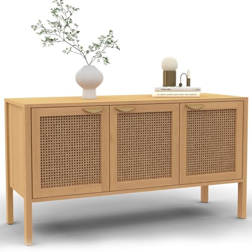 IDMarket - Buffet Bas 110 cm EDHEN 3 Portes Bois et cannage