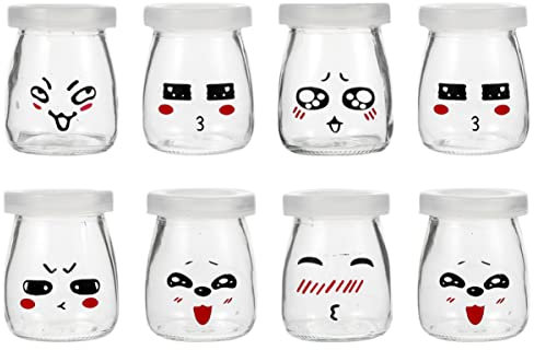 Cabilock Lot De 8 Bouteilles De Yaourt En Verre 150 Ml, Bouteilles De Pudding Diy Motifs Colorés Assortis, Verre Transparent Réutilisable Pour Conservation Alimentaire, Usage Familial Cuisine