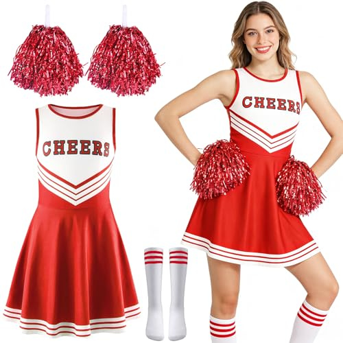 ZeiLaBang Kakadi Cheerleader Kostüm Damen für Erwachsene,Kostüm Cheerleader,Cheerleadering Outfit Fancy Dress Uniform,Cheerleadering Outfit Mädchen,Pompoms und Socken für Karneval, Mottoparty