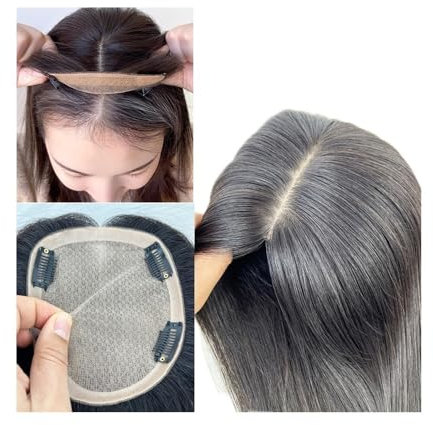 Haar-Topper Haarteile Haaraufsätze for Frauen, 25,4–55,9 cm, natürliches Echthaar mit 3 rutschfesten Clips und 14 x 16 cm größeren Haarteilen auf Seidenbasis for Frauen mit Haarausfall Haartopper für