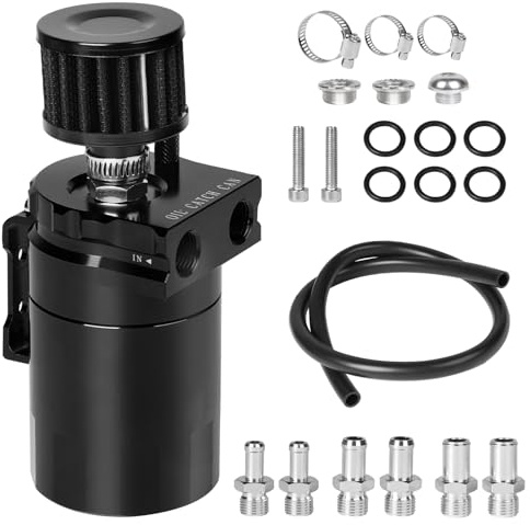 DBREAKS 300ml Öl Catch Tank, Öl Catch Can, Ölauffangbehälter mit Luftfilter | Universal Aluminium Ölauffangbehälter, Oil Catch Tank, Oil Catch Can, Öl Lagertank Kit, Auto Reservoir Tank(Schwarz)