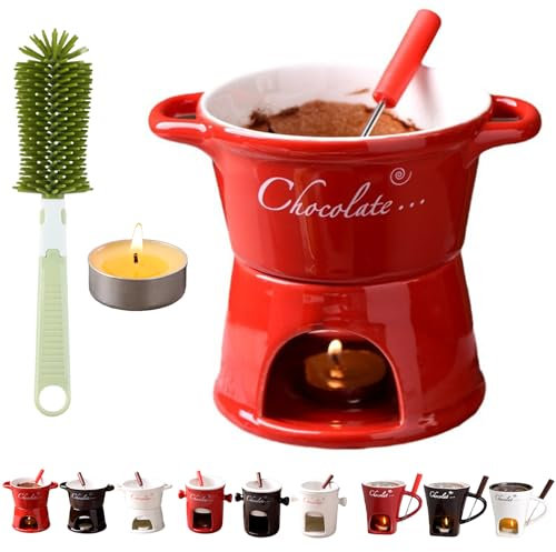 Vgpbphj Fondue Cup, Mini Ceramic Chocolate Melting Pot Set with Forks, Individual Fondue Mug, Personal Butter Warmer, Gift Set for Birthdays & Special Occasions (Red-A)