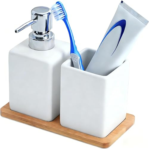 Bathroom Accessories Set, 3 Piece White Ceramic Bathroom Set with Soap Dispenser, Toothbrush Holder & Bamboo Tray, Bathroom Accessory Kit for Sink & Vanity Decor (White)
