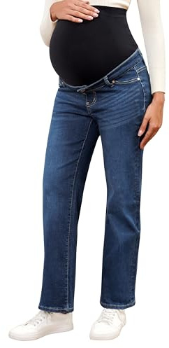 OVRUNS Umstandsjeans mit geradem Bein, Denim, Umstandshose, dehnbar über dem Bauch, Schwangerschaftsjeans für Damen, Dunkelblau, Groß