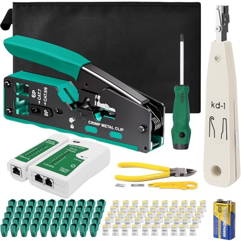 Nätverksverktygssats, RJ45 presstång för Cat5 Cat6 Cat7 med 50 x kabelkontakter, kabelskalare, nätverkstester, RJ45/RJ11/RJ12 nätverk reparationssats pass genom RJ45 crimptång set