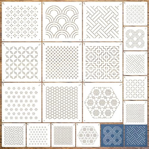 Evadollina 18 Pezzi Set di Stencil Sashiko, Trapunto a Mano, Stampini per Rilievi, Natale (20 x 20 cm e 12 x 12 cm)