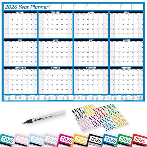 PlannerHead 2026 Laminated Wall Planner Calendar Chart Poster/Yearly Calendar 2026 / Grid Style 12 Months with Pen & 400 Stickers / 2027 Footnote Included/Blue/Extra Large (68x100cm)