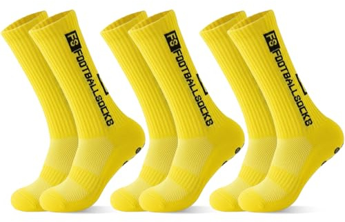 Betrynidil 3 Pares Calcetines Deportivos Con Agarre Total - Antideslizantes Para Fútbol, Tenis, Yoga - Hombre (39-46) (Amarillo)