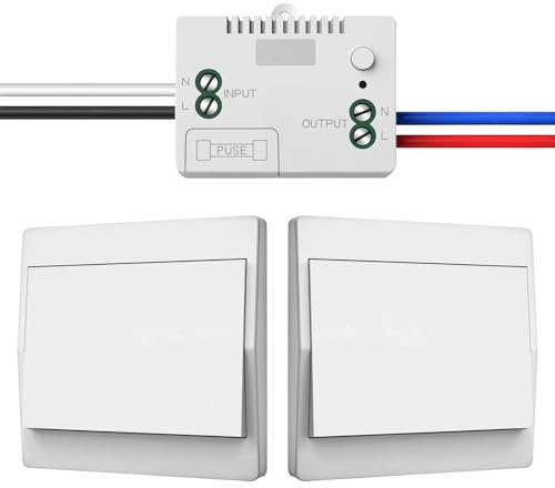 Ghekkli 443Mhz 230V Interrupteur D'éclairage Sans Fil, Contrôlez votre lampe jusqu'à 200 mètres (Kit 1 récepteurs + 2 interrupteurs), Pas Besoin De Piles, Commutateur Mural Intelligent Wireless