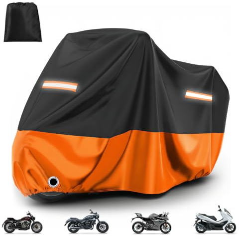 Favoto Funda para Moto y Scooter - Cubierta Impermeable y Anti-UV con Orificio para Candado, Lona de Protección Exterior e Interior, Negro y Naranja, 220×105×125cm