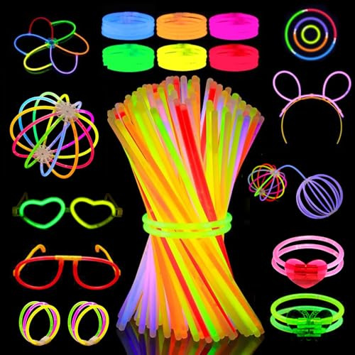 Hoadyush Knicklichter Party Set, 100 Stk Leuchtstäbe + 120 Verbinder & 16 Zubehör, 8 Farben Neon Leuchtarmband Kinder, DIY Armband, Brillen, Deko, Glow Sticks für Festival & Party