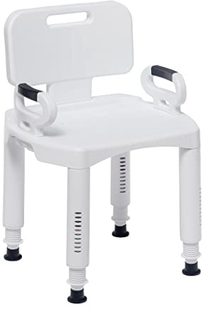 Drive Medical Bathroom Bench with Back & Arms - Adjustable Height - Suction Tip Legs for Stability - Durable Plastic Seat - 350 Lb Capacity - White