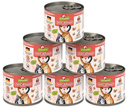 GranataPet Delicatessen Tacchino & gamberetti, cibo umido per gatti, cibo per gatti buongustai, cibo senza cereali e senza zucchero, 6 x 200 g