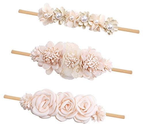 cherrboll 3pcs Baby Girl Flower Headbands, Super Soft & Stretchy Nylon Floral Hairbands for Newborn Toddler