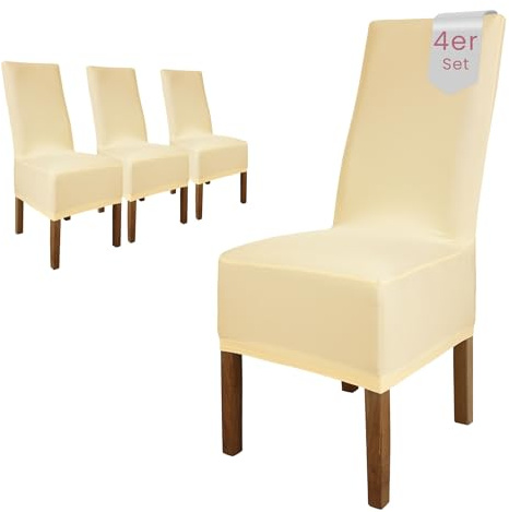 Scheffler Home Stuhlhussen 4er Set in Creme Stretch Lena | Elastische Stuhlbezüge, waschbar, bügelfrei und pflegeleicht, für Polsterstühle und Esszimmerstühle
