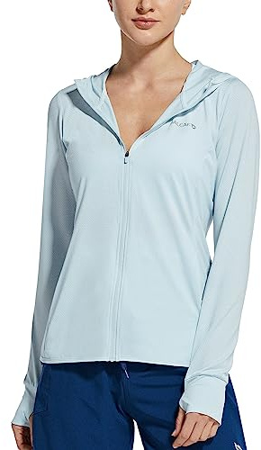 baleaf Women's Sun Protection Shirts SPF UPF 50+ Hoodie Jackets Hiking Thumb Holes Light Quick Dry Outdoor Light Blue M