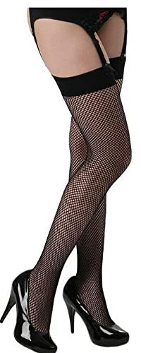Mytoptrendz® Plain Fishnet Stockings for Suspenders Fine Net Design (Black - OS Plain Top)