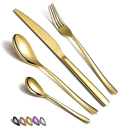 Juego de cubiertos de oro de 24 piezas, juegode cubiertos de orode acero inoxidable, juego de cubiertos de oro chapado en titanio, juego de utensilios de servicio para 6 (dorado brillante)