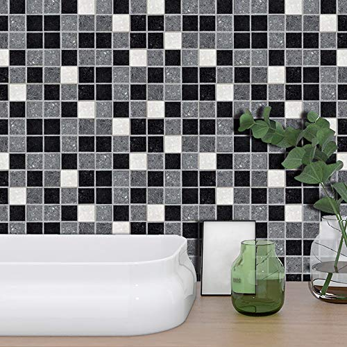 Buer Homie Carta Adesiva Per Piastrelle Cucina，Adesivi Per Piastrelle Bagno， Mattonelle Adesive Cucina (10 x 10 cm,19PCS, mosaico bianco e nero)