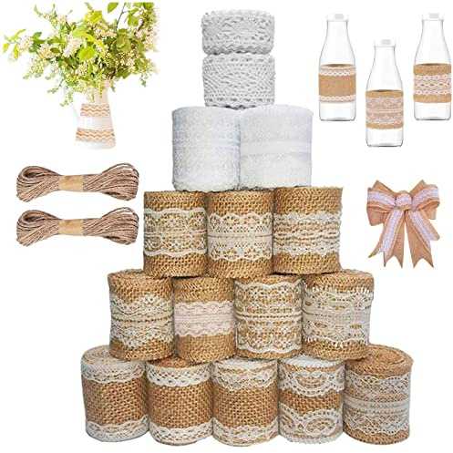 Juteband mit Weißer Spitze 16 Rollen, 20 m Schnur, Hochzeit Basteln | 16 Rollen Juteband mit Weißer Spitze, 20 m Schnur, Juteband für Geschenkverpackung, Hochzeit, Basteln