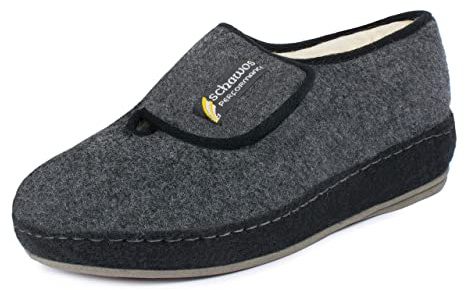 SCHAWOS Herren Gefütterter Filz Hausschuh 6064, Warmer Winter Hausschuh, Schurwoll-Futter, Feste Rutschhemmende Sohle, Anatomisches Fußbett, Klettverschluss, Farbe: Dunkelgrau, Größe: 44