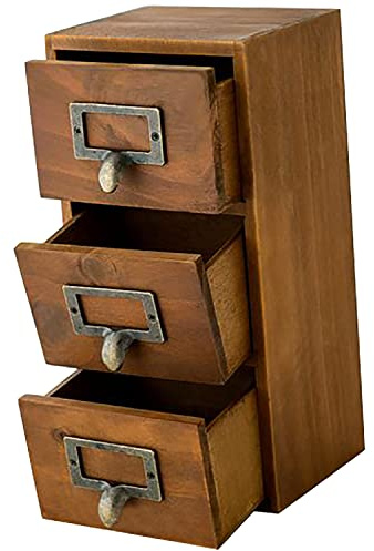 Vintage 3 Drawer Desktop Organizer - Rustic Card Catalog with Label Holders - Small Chest for Organization - Library Box - Table Nightstand Shelves Cabinet Vertical Storage