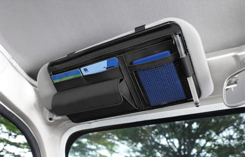 Qric Sonnenblende Organizer, Leder Aufbewahrungstasche für Karten, Lizenz, Registrierung, Stift, Brillen, Dokumente - Passend für die Meisten Auto, SUV, LKW - Auto Zubehör (Schwarz)