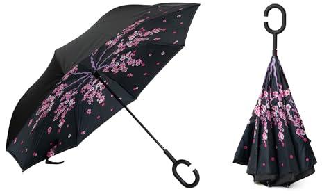 BRATY DECORATIONS Umgekehrter Stockschirm mit Doppelschicht-Design und C-förmigem Griff – windfest & innovativ Regenschirm – Sakura
