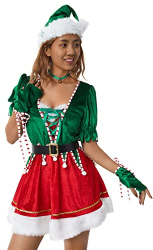 Unisex Herren Elf Kostüm Erwachsene Deluxe Santa Cosplay Anzug Weihnachten Kostüm Elf Santa Helfer KostümGrün Cosplay Party für Frauen (Cosplay Frau, L)