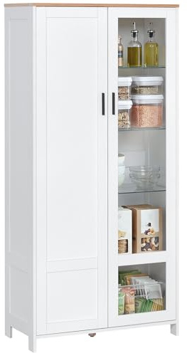 HOMCOM Credenza Cucina a 9 Ripiani Regolabili con Ante in Vetro e Base Rialzata, Mobile Cucina in Legno, 76x36x160 cm, Bianco
